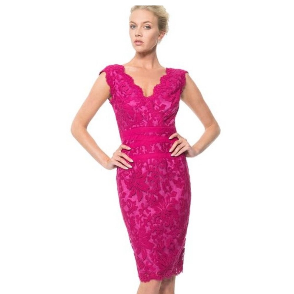 Tadashi Shoji Lotus Pink Embroidered Lace
Banded Waist V-Neck Dress Womens 2